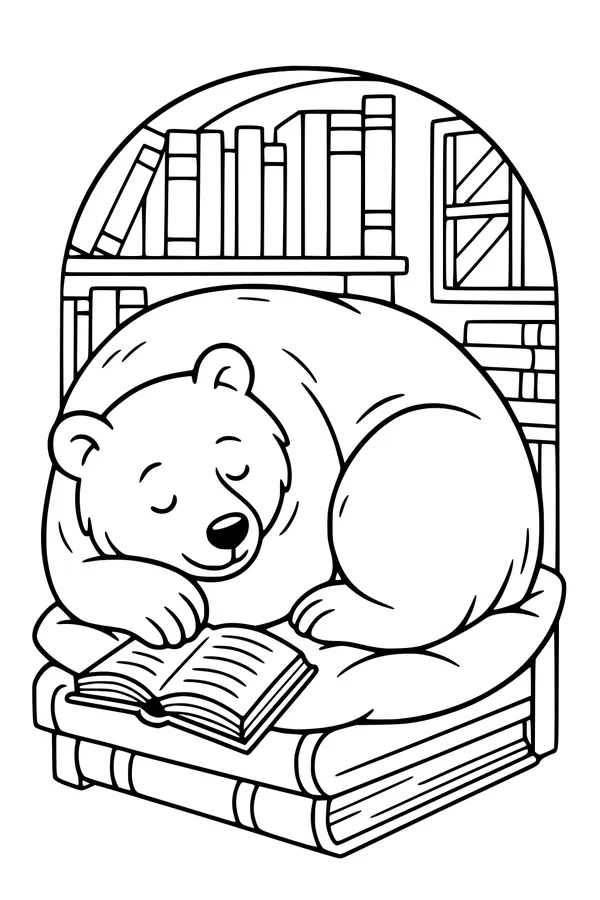 Free Bear Coloring Page - Sleepy Bear in Cozy Book Nook (Printable PDF)