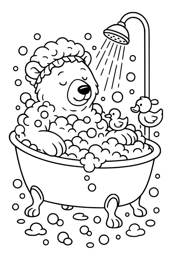 Free Bear Coloring Page - Bubble Bath With Silly Ducks (Printable PDF)
