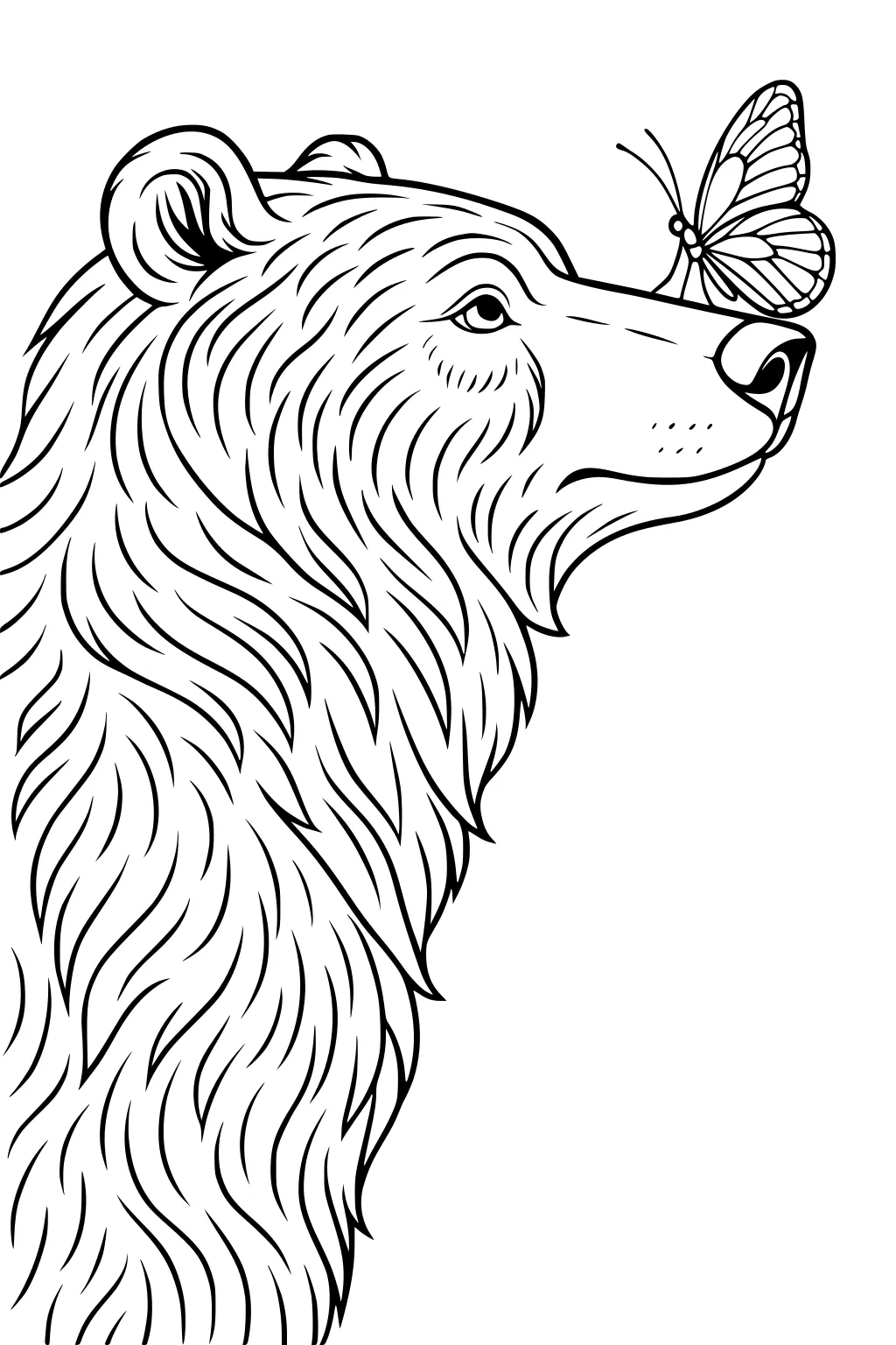 Bear with detailed fur in profile, butterfly perched on his nose, both facing right.