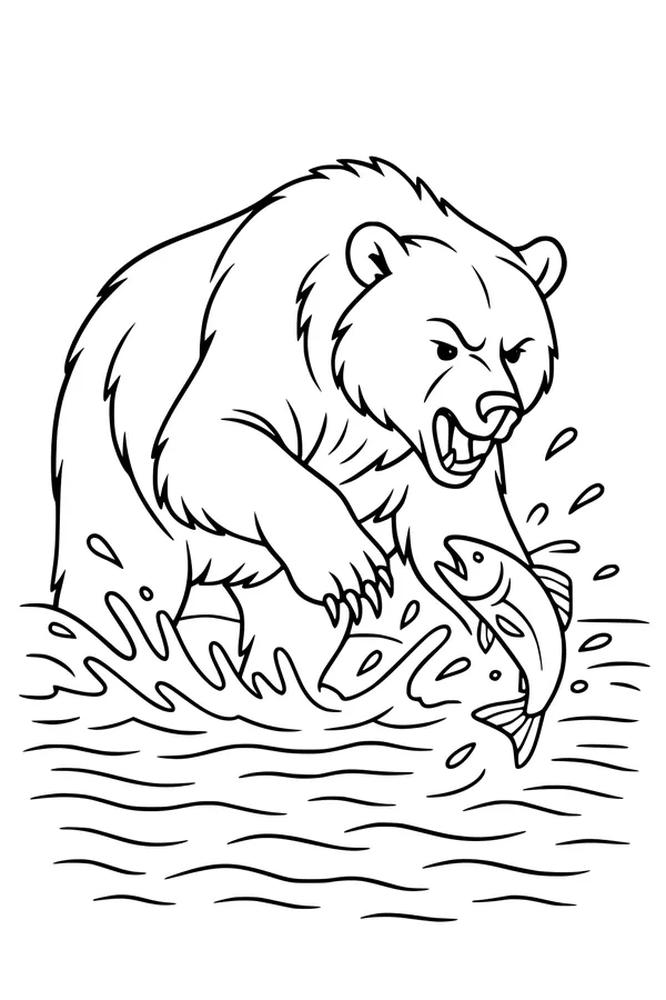 Free Bear Coloring Page - Catching a Fish in the River (Printable PDF)