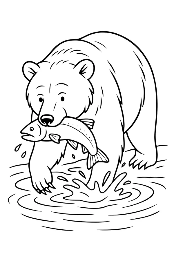 Free Bear Coloring Page - Catching Fish In Splashing River (Printable PDF)
