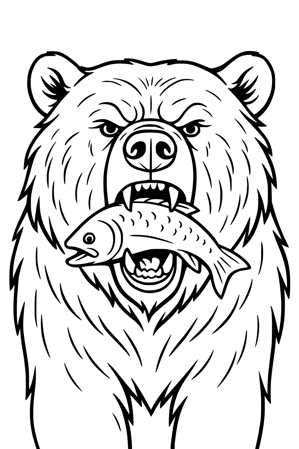 Bear with shaggy fur holding a fish in its mouth, eyes focused forward, mouth open showing teeth and fish.