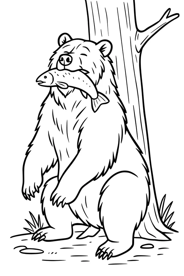Free Bear Coloring Page - Forest Bear With Fish Snack (Printable PDF)