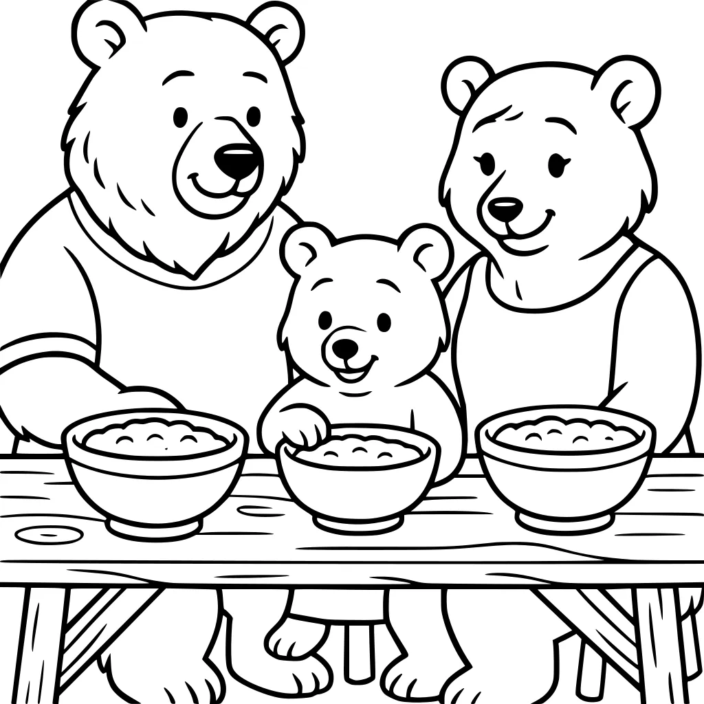 Three bears sitting at a table with bowls of porridge in front of them, smiling and looking at the food.