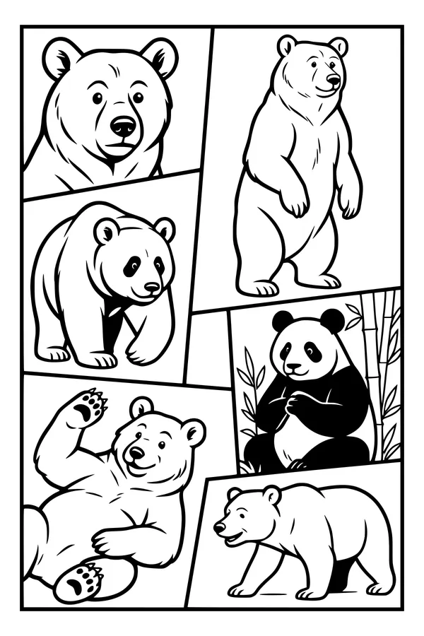 Free Bear Coloring Page - Six Cartoon Bears in Panels (Printable PDF)