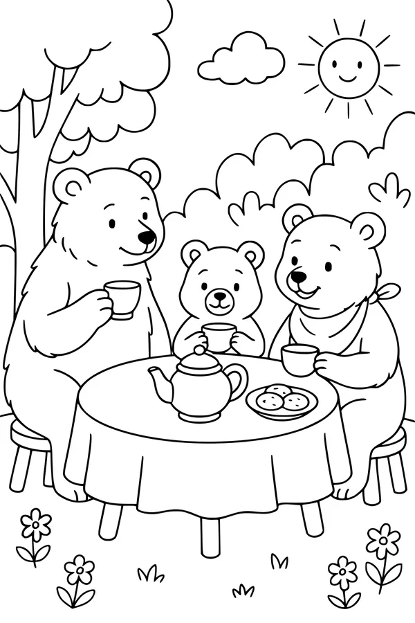 Free Bear Family Coloring Page - Tea Party Picnic Outdoors (Printable PDF)