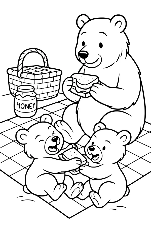 Free Bear Coloring Page - Mother Bear Picnic With Cubs (Printable PDF)