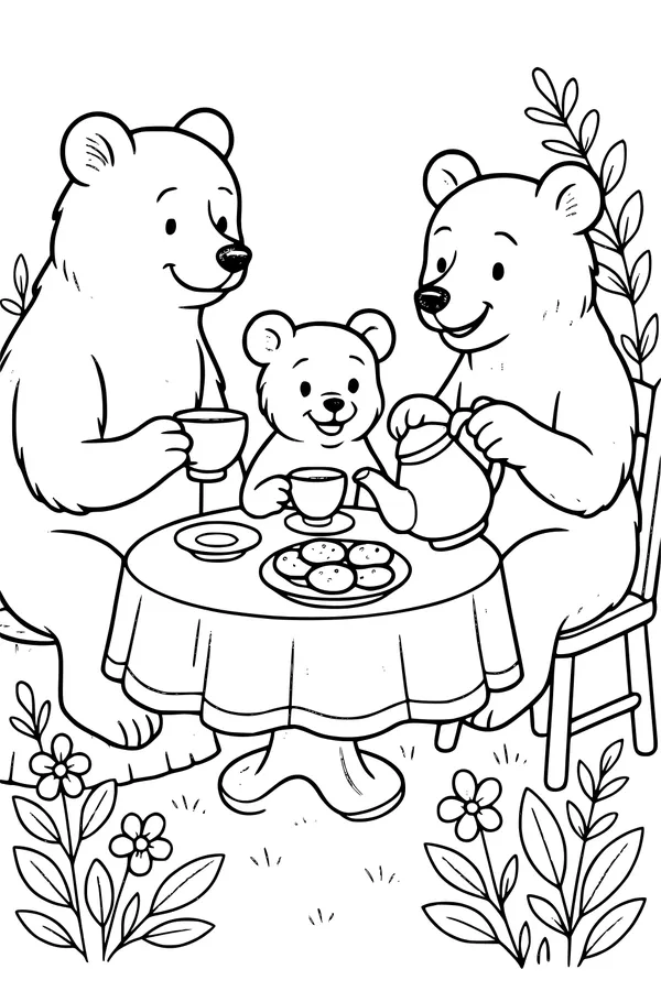 Free Bear Family Coloring Page - Picnic Tea Party in the Forest (Printable PDF)