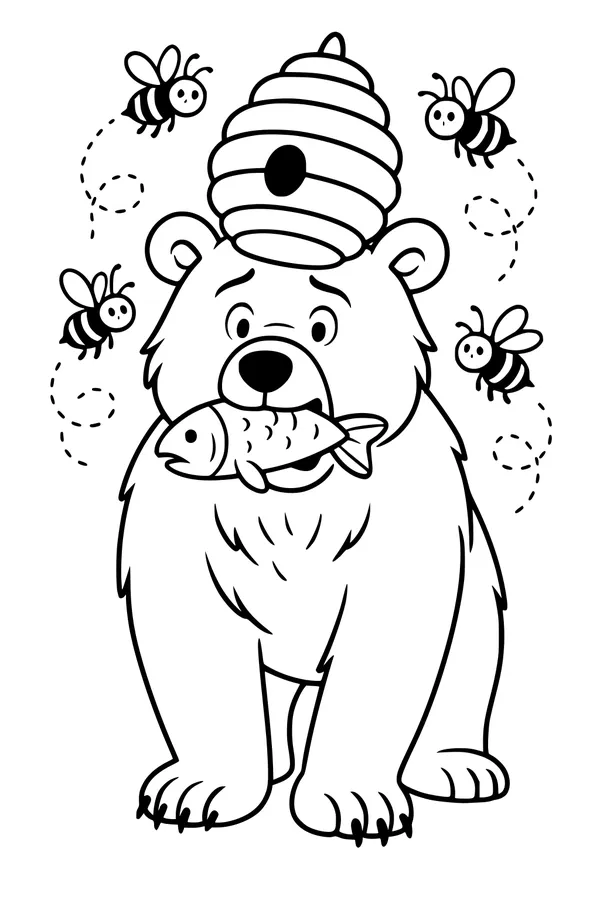 Free Bear Coloring Page - Silly Beehive Hat and Fish Snack (Printable PDF)
