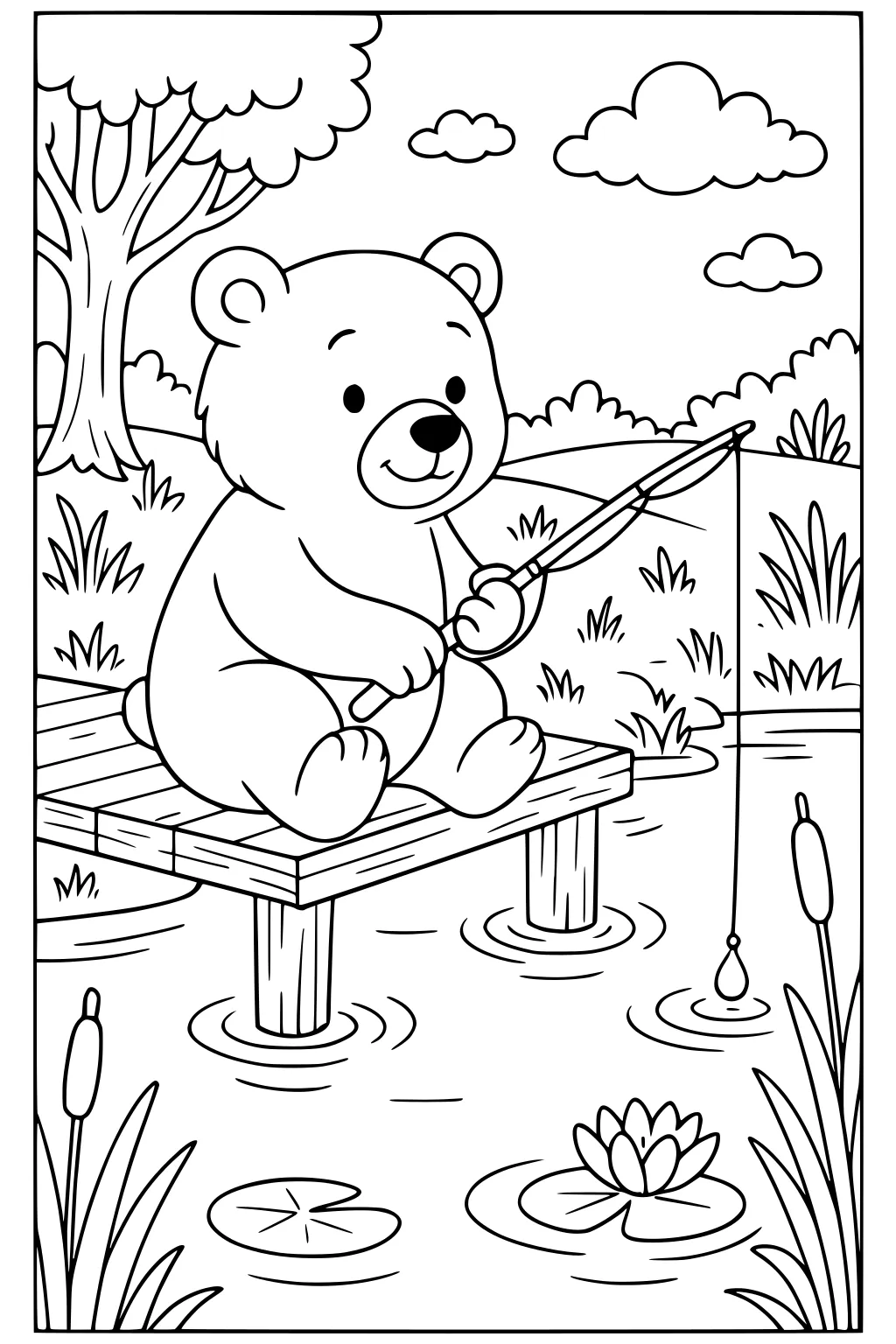 Bear sitting on a dock fishing in a pond with lily pads, cattails, tree and clouds in the background.