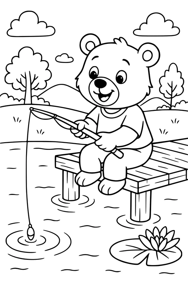 Free Bear Coloring Page - Happy Bear Fishing On Lake Dock (Printable PDF)