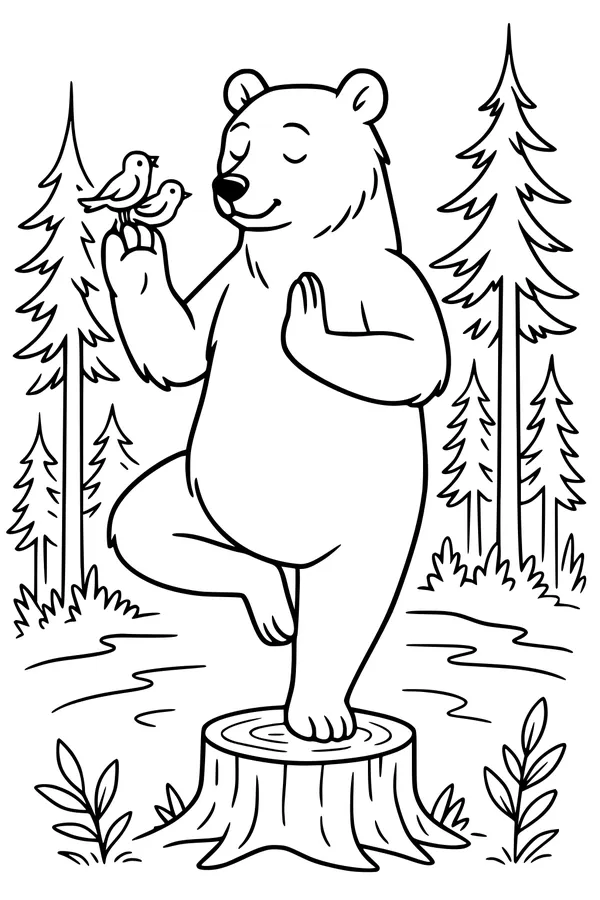 Free Bear Coloring Page - Balancing Bear With Birds in Forest (Printable PDF)