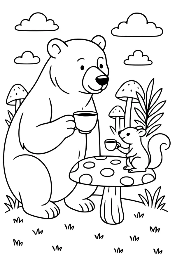 Free Bear Coloring Page - Tea Party With Squirrel on Mushroom (Printable PDF)
