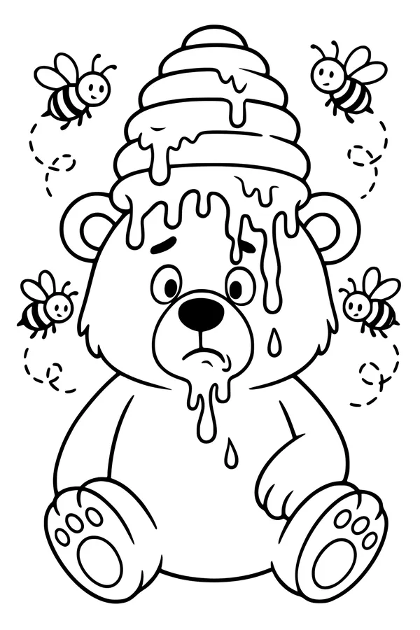 Free Bear Coloring Page - Sad Bear With Silly Honey Hat (Printable PDF)