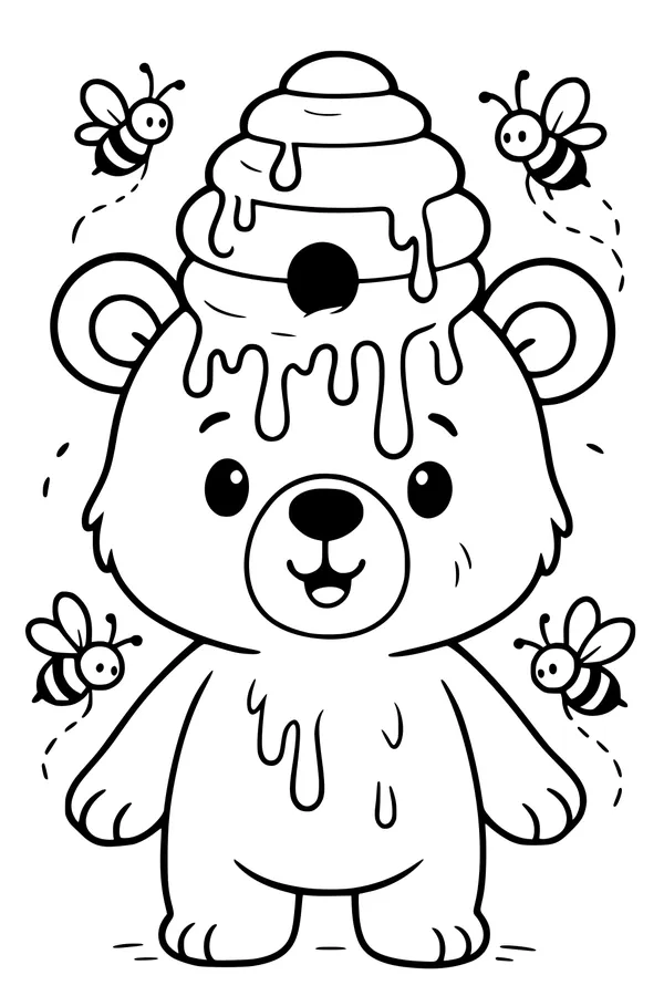 Free Bear Coloring Page - Honey Beehive Hat With Buzzing Bees (Printable PDF)