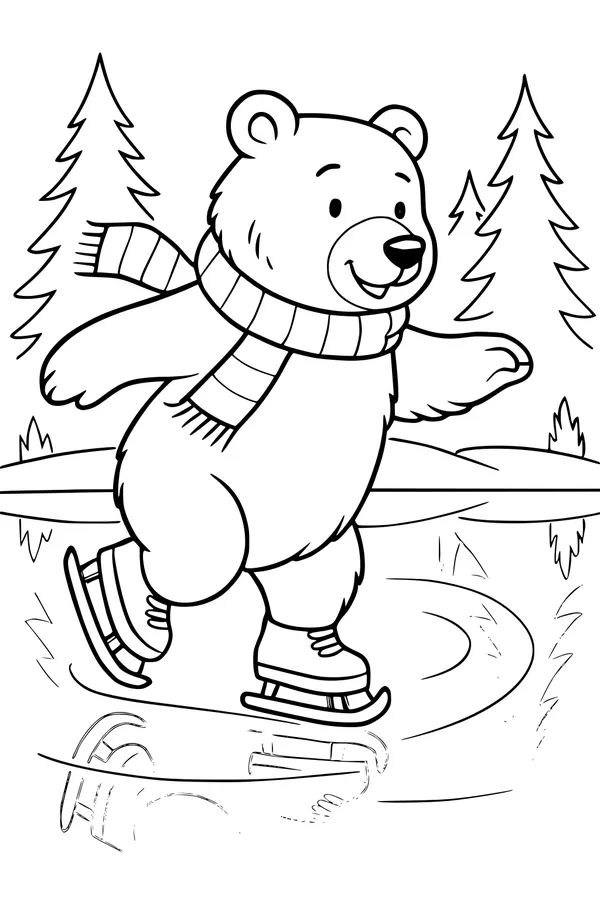 Free Bear Coloring Page - Skating on a Frozen Winter Pond (Printable PDF)