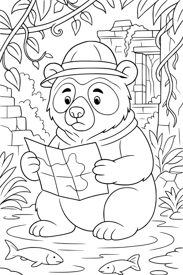 Free Bear Coloring Page - Jungle Explorer With Map by Ruins (Printable PDF)