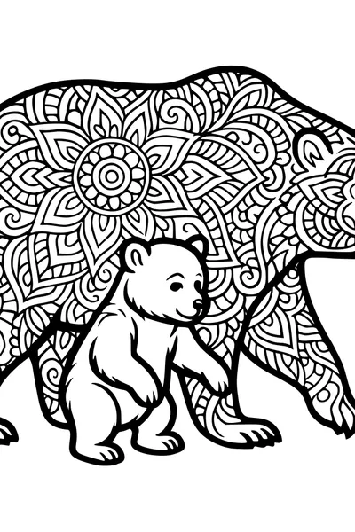 Free Bear Coloring Page - Patterned Adult Bear With Cub (Printable PDF)