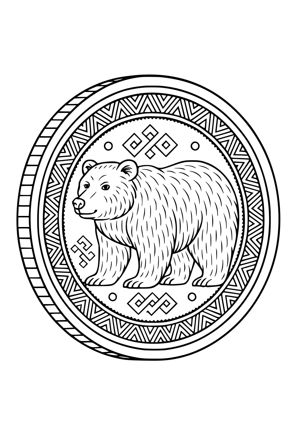 Bear standing inside a round ornate frame with geometric shapes and repeating line patterns.