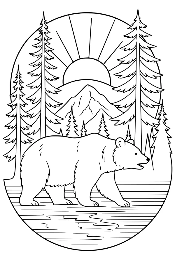 Free Bear Coloring Page - Morning Walk by the Forest Pond (Printable PDF)