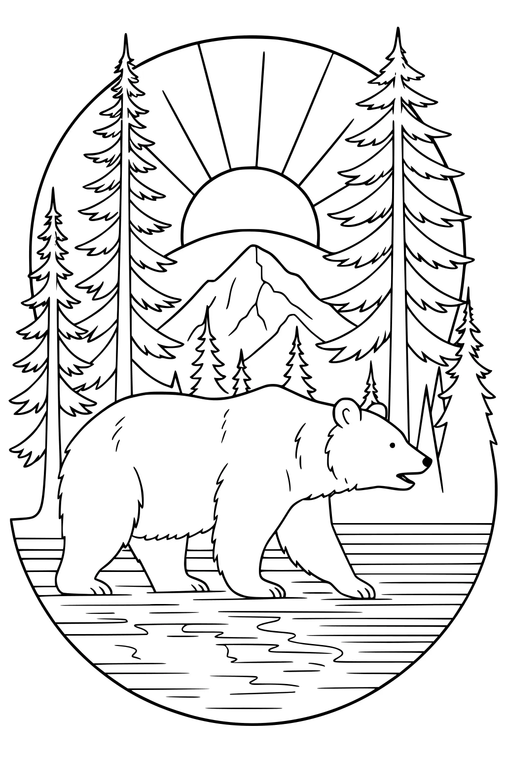 Bear walking near pond with pine trees, mountains, and sun overhead in the background.