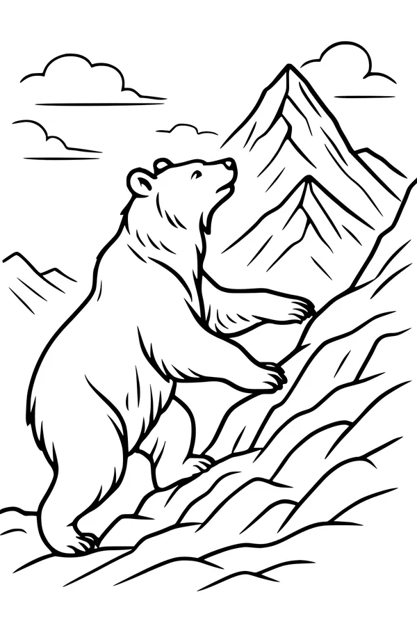 Free Bear Coloring Page - Climbing a Rugged Mountain (Printable PDF)