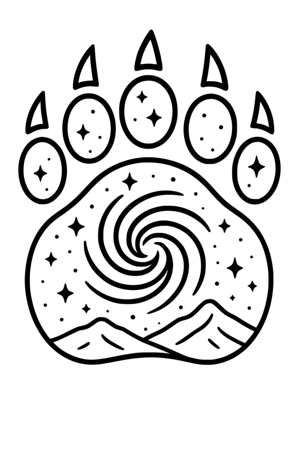 Free Bear Paw Coloring Page - Galaxy Stars and Mountains (Printable PDF)