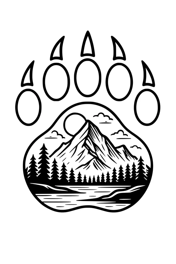 Free Bear Paw Print Coloring Page - Mountain Lake Scene (Printable PDF)