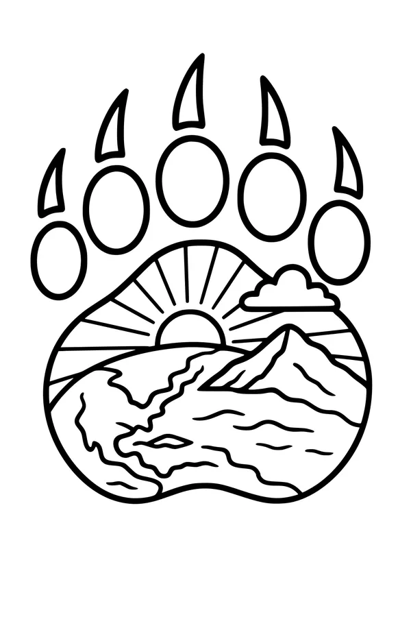 Free Bear Paw Coloring Page - Sunrise Mountain Landscape Scene (Printable PDF)