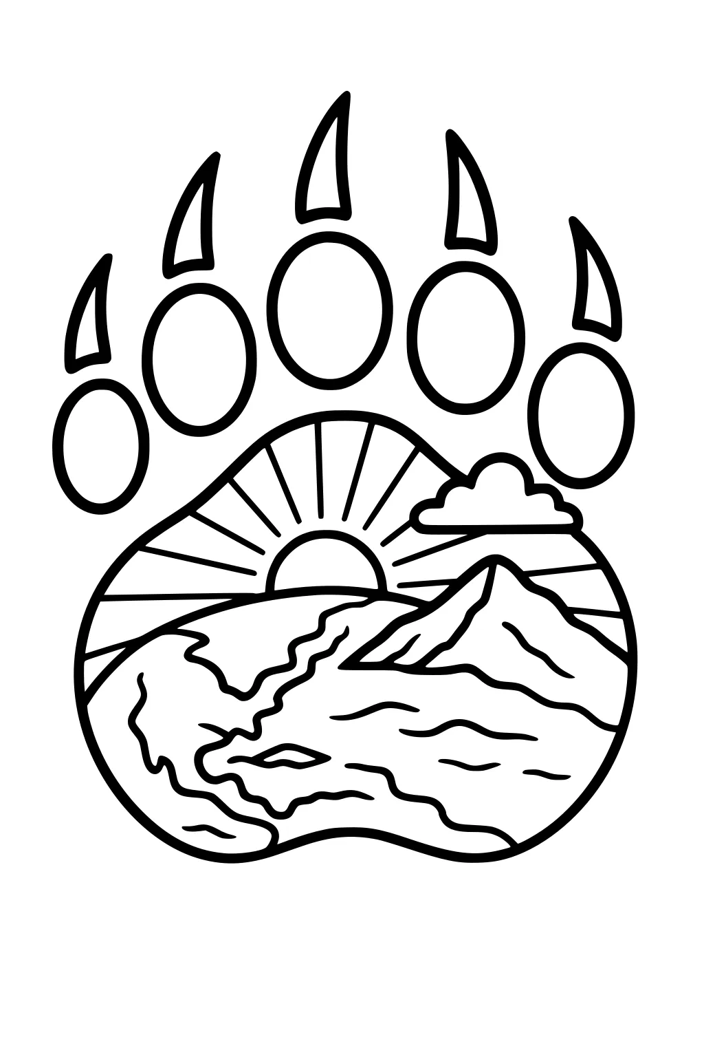 Bear paw print with sunrise, mountains, river, and cloud landscape inside the pad.