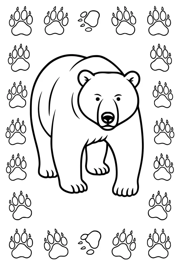Free Bear Coloring Page - Big Bear With Paw Print Border (Printable PDF)