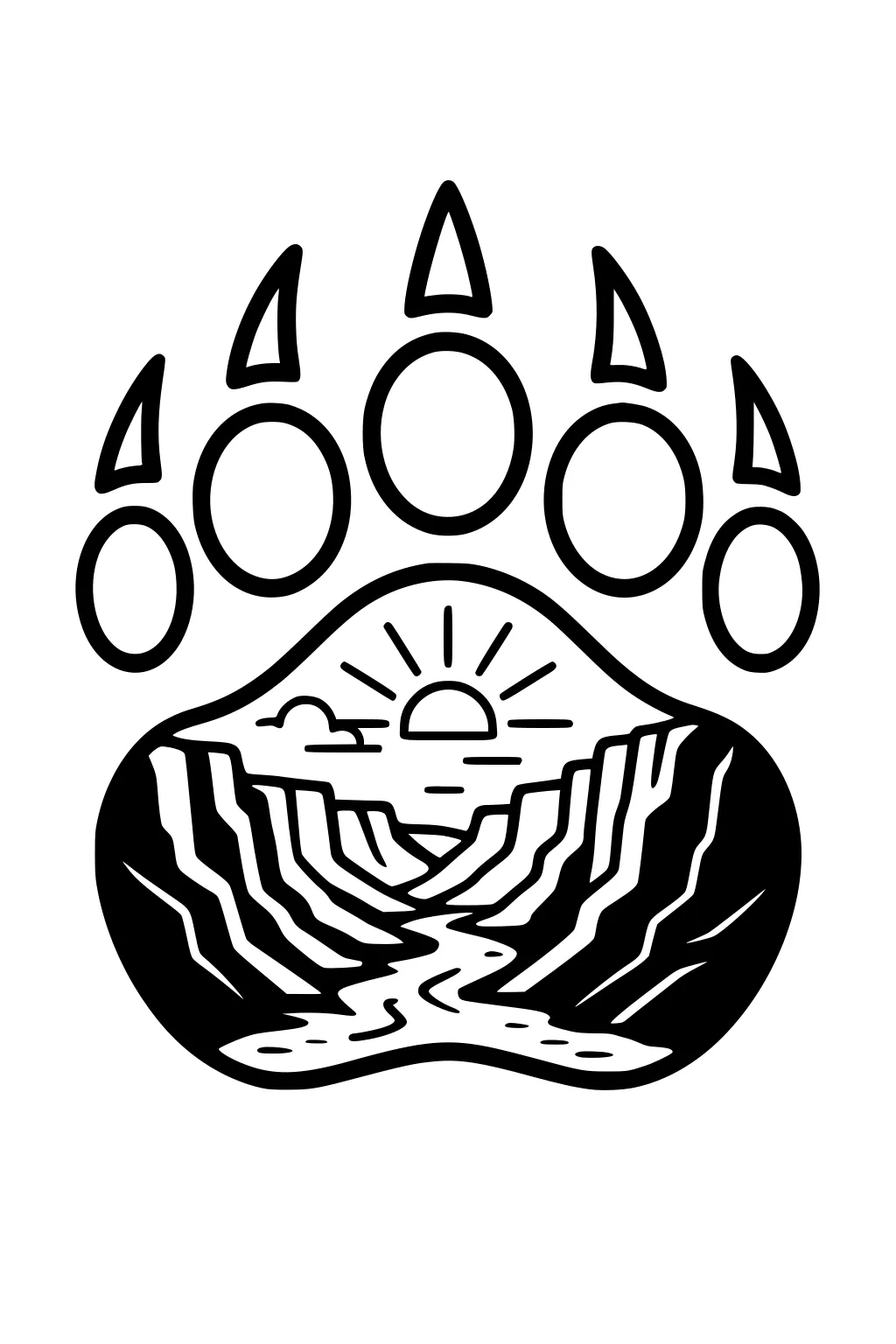Bear paw print with a landscape of sunrise, river, cliffs, and clouds drawn inside the paw pad.