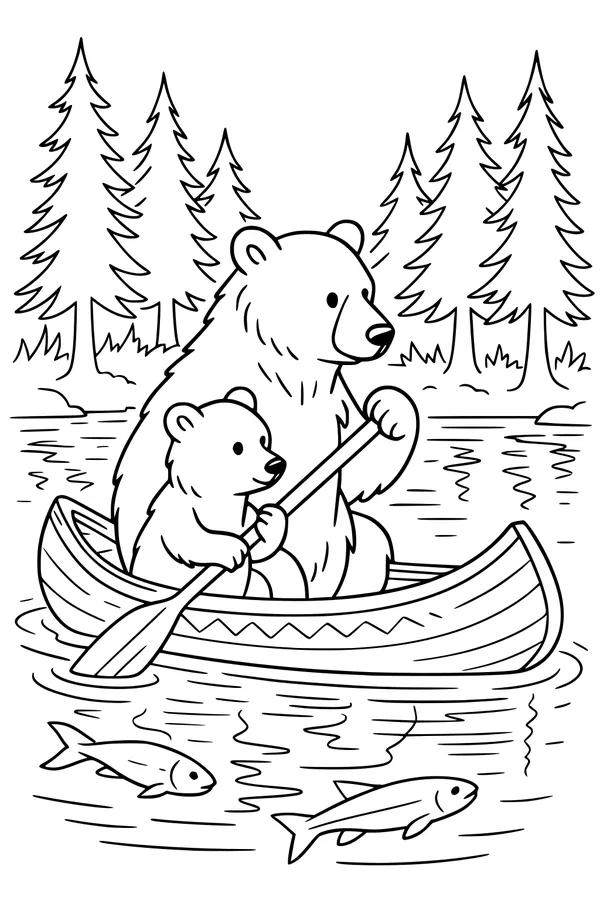 Free Bear Coloring Page - Mother Bear And Cub Canoeing On A Lake (Printable PDF)