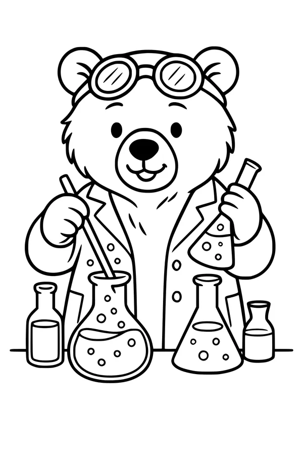 Free Bear Coloring Page - Professor Bear in a Science Lab (Printable PDF)