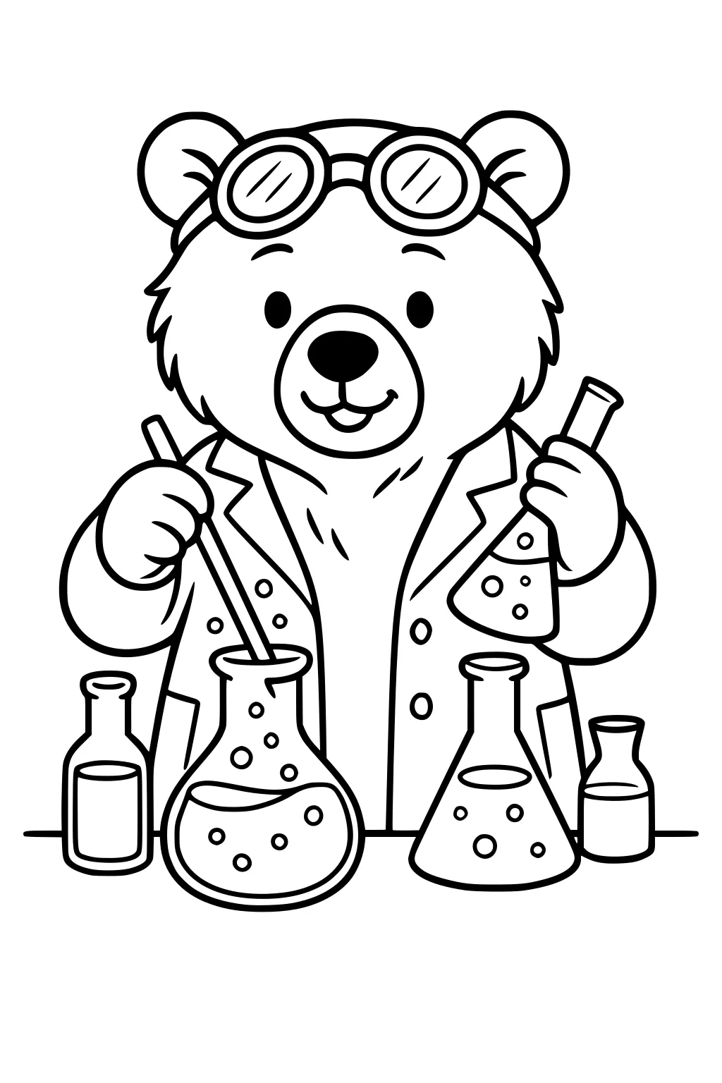 Cartoon bear in a lab coat and goggles holding flasks surrounded by beakers filled with bubbly liquid.