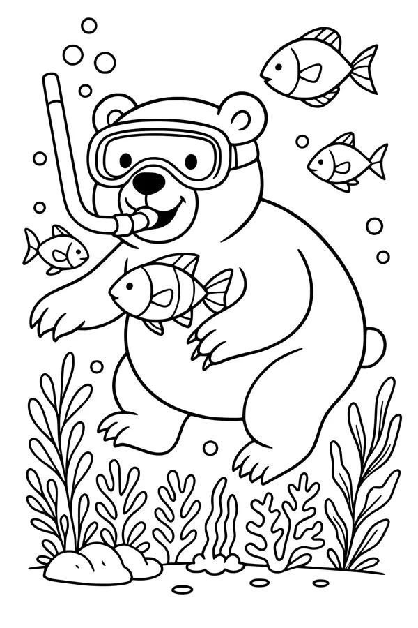 Free Bear Coloring Page - Snorkeling Underwater Adventure (Printable PDF)