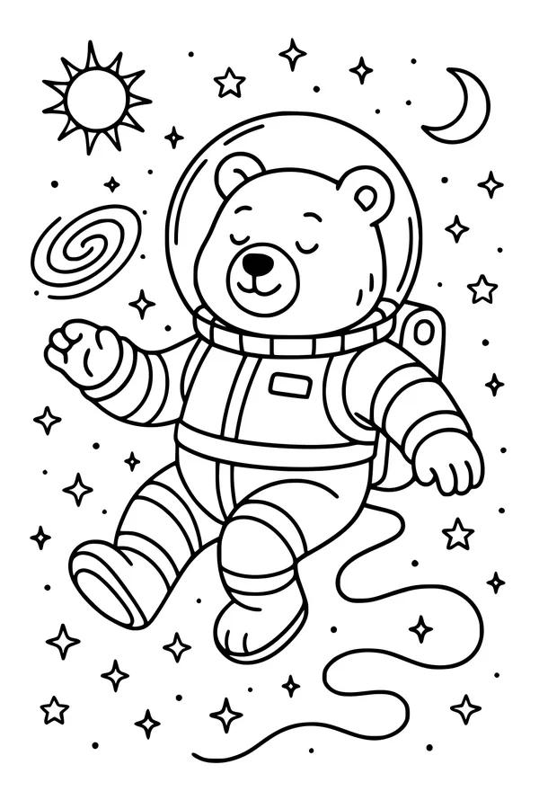 Free Bear Coloring Page - Astronaut Floating In Outer Space (Printable PDF)