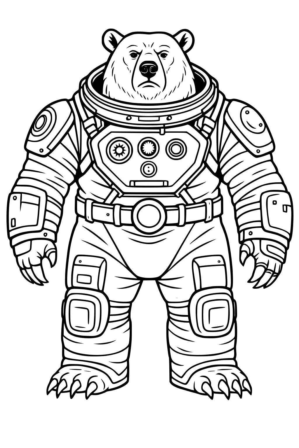 Bear in a spacesuit with clawed paws, gear details, and a focused face, standing upright.