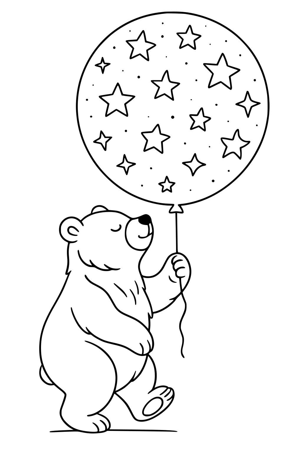 Bear walking upright, eyes closed, holding a balloon covered with stars.