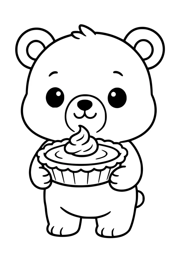 Free Bear Coloring Page - Cute Bear With Thanksgiving Pie (Printable PDF)