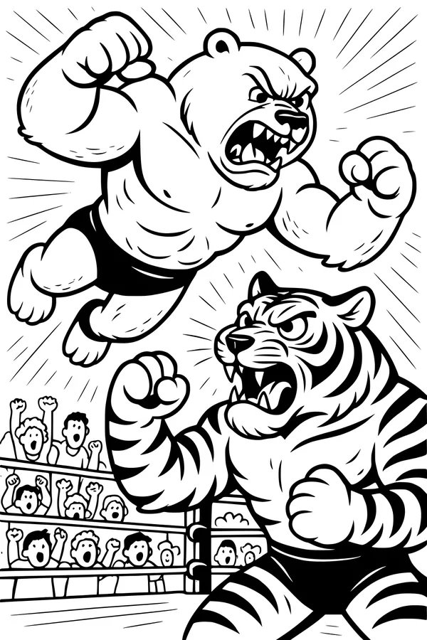 Free Bear Coloring Page - Muscular Bear Wrestling Tiger in Ring (Printable PDF)
