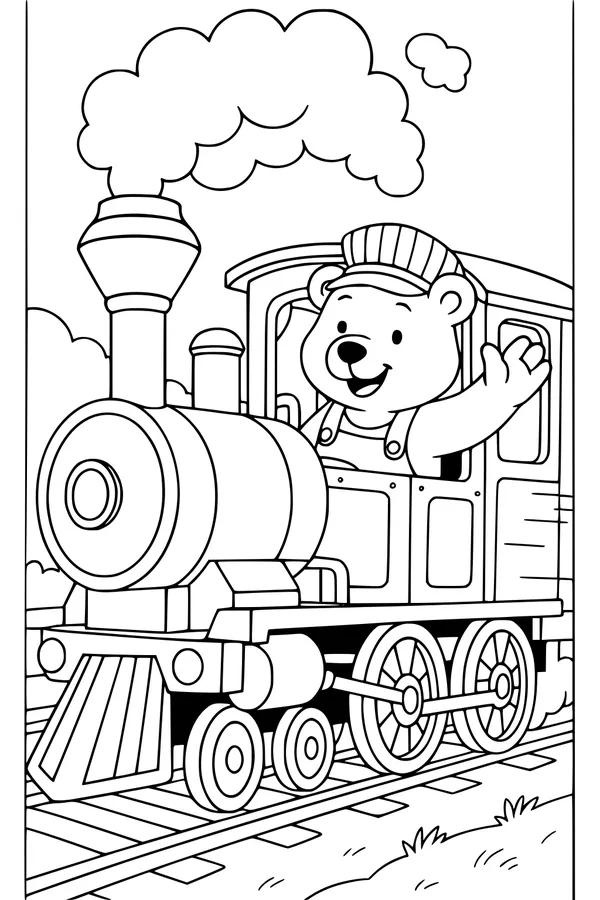 Free Bear Coloring Page - Conductor Bear on Steam Train (Printable PDF)