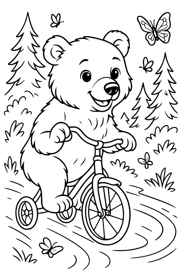 Free Bear Coloring Page - Smiling Bear on Tricycle in Butterfly Forest (Printable PDF)