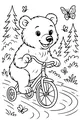 Free Bear Coloring Page - Smiling Bear on Tricycle in Butterfly Forest (Printable PDF)