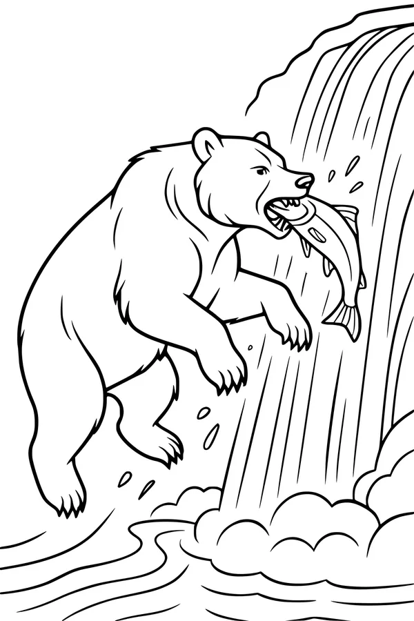 Free Bear Coloring Page - Catching Fish By a Waterfall (Printable PDF)