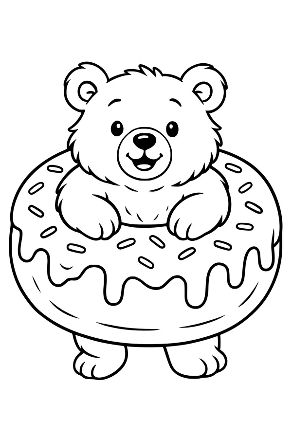 Free Bear Coloring Page - Smiling Bear in Sprinkle Donut (Printable PDF)