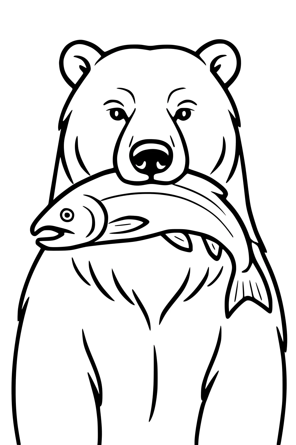 Bear facing forward with a fish in its mouth, outlined in simple style.
