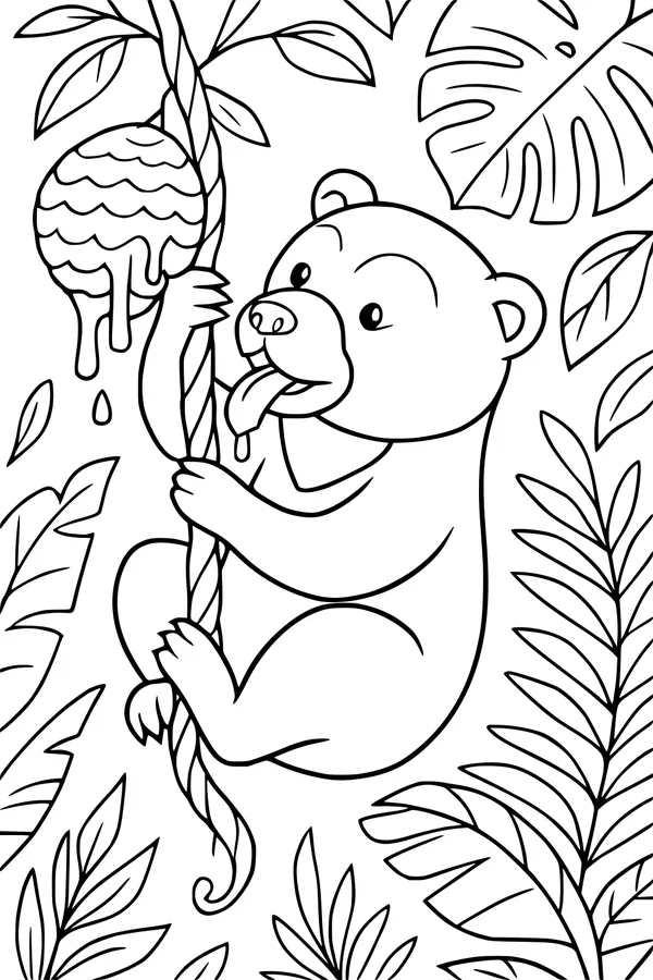 Free Bear Coloring Page - Honey Bear in Jungle Snack Break (Printable PDF)