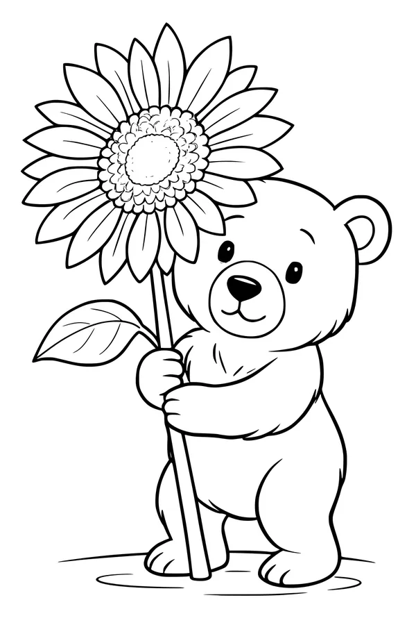 Free Bear Coloring Page - Cute Bear With Giant Sunflower (Printable PDF)