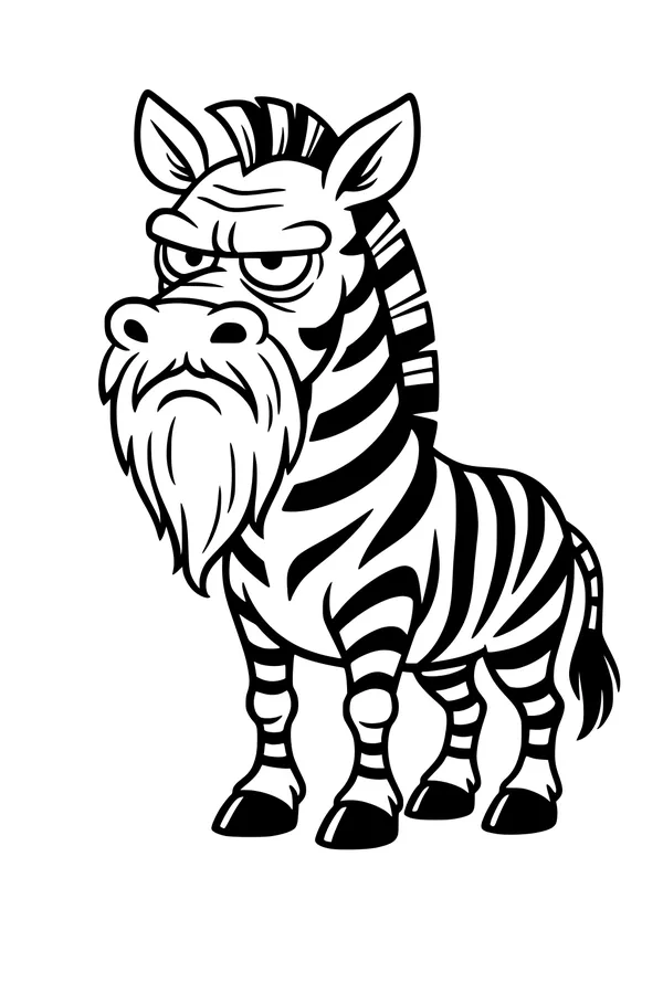 Free Zebra Coloring Page - Grumpy Bearded Cartoon Zebra (Printable PDF)